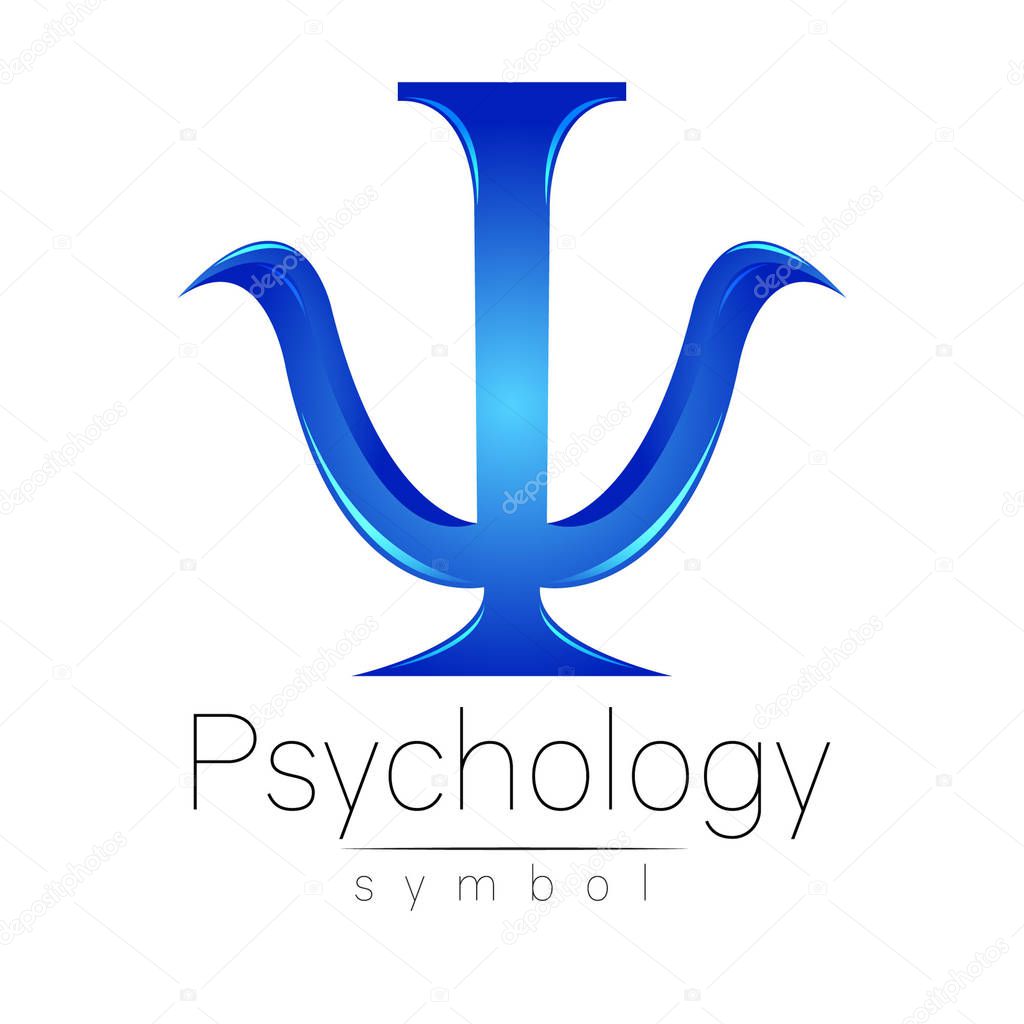 Modern logo of Psychology. Psi. Creative style. Logotype in vector. Design concept. Brand company. Blue color letter on white background. Symbol for web, print, card, flyer. Bright