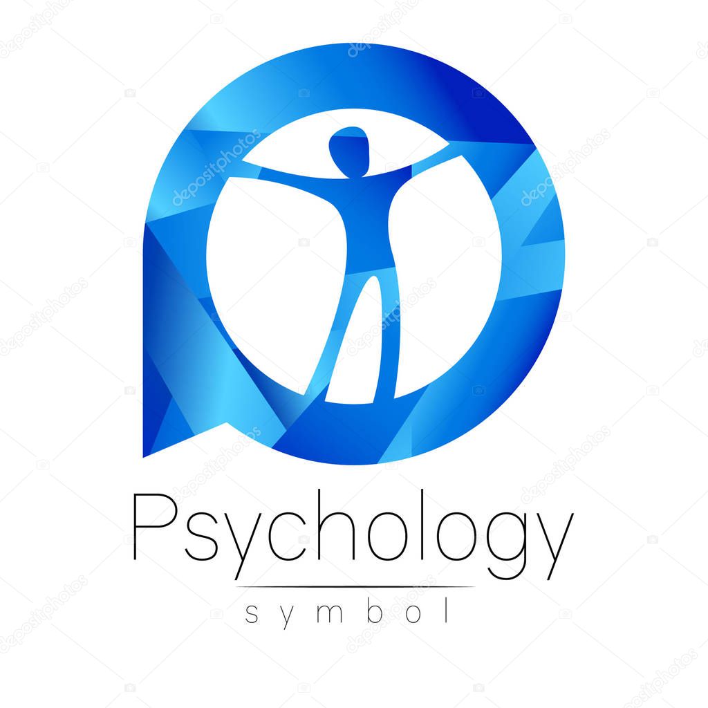 Modern man Logo Sign of Psychology. Human in a circle. Creative style. Icon in vector. Design concept. Brand company. Blue color isolated on white background. Symbol for web, print, card, logotype.