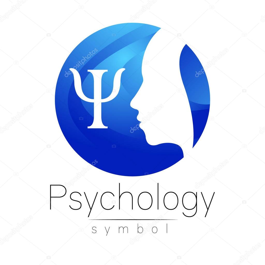 Modern head Logo sign of Psychology. Profile Human. Letter Psi. Creative style. Symbol in vector. Design concept. Brand company. Blue color isolated on white background. Icon for web, print, logotype.