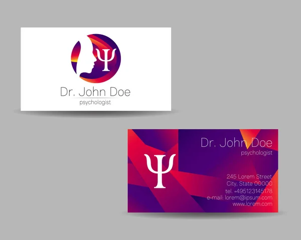 Tarjeta de visita de vector de psicología. Logo moderno. Estilo creativo. Concepto de diseño. Compañía de marca. Color violeta aislado sobre fondo gris. Símbolo para web, impresión. vVsiting conjunto personal — Vector de stock