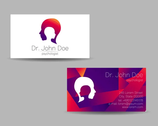 Tarjeta de visita de vector de psicología. Logo moderno. Estilo creativo. Concepto de diseño. Compañía de marca. Color violeta aislado sobre fondo gris. Símbolo para web, impresión. vVsiting conjunto personal — Vector de stock