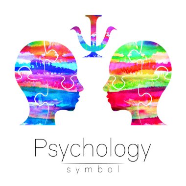 Psikoloji modern suluboya baş logo. Profil insan. Yaratıcı tarzı. Logo. Tasarım konsepti. Marka şirket. Gökkuşağı parlak renk beyaz arka plan üzerinde izole. Web, baskı, kart simgesi.