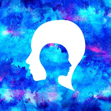 Psikoloji modern suluboya baş logo. Yaratıcı tarzı. Logo. Tasarım konsepti. Marka şirket. Gökkuşağı arka plan üzerinde izole mavi parlak renk. Web, baskı, kart simgesi.