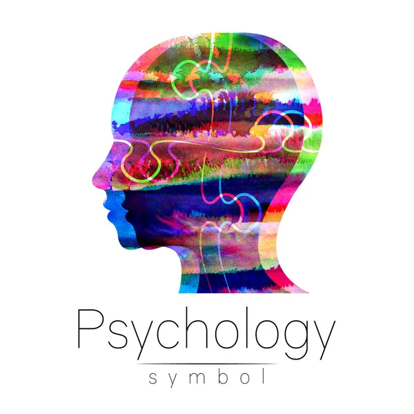 Logo de tête aquarelle moderne de la psychologie. Profil humain. Style créatif. Logotype à l'intérieur. Concept de design. Entreprise de marque. Arc-en-ciel couleur vive isolé sur fond blanc. Symbole pour web, impression, carte . — Photo