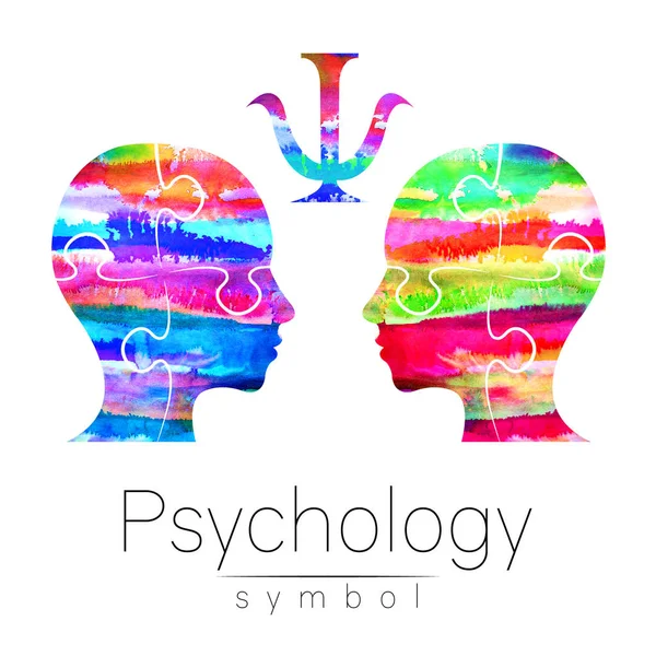 Psikoloji modern suluboya baş logo. Profil insan. Yaratıcı tarzı. Logo. Tasarım konsepti. Marka şirket. Gökkuşağı parlak renk beyaz arka plan üzerinde izole. Web, baskı, kart simgesi.