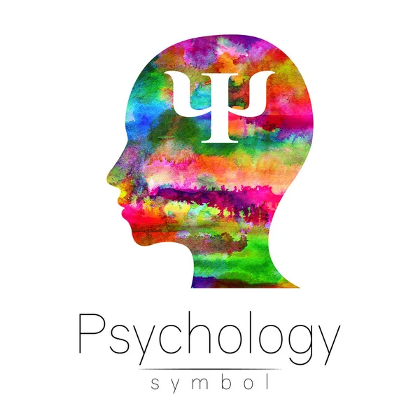 Modernes Aquarellkopflogo der Psychologie. Profil Mensch. kreativen Stil. Schriftzug ein. Designkonzept. Markenunternehmen. Regenbogen helle Farbe isoliert auf weißem Hintergrund. Symbol für Web, Print, Karte. — Stockfoto