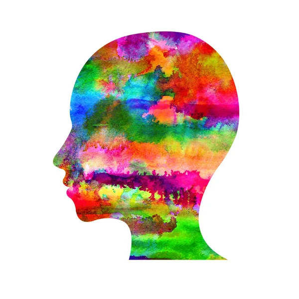 Logo de tête aquarelle moderne de la psychologie. Profil humain. Style créatif. Logotype à l'intérieur. Concept de design. Entreprise de marque. Arc-en-ciel couleur vive isolé sur fond blanc. Symbole pour web, impression, carte . — Photo