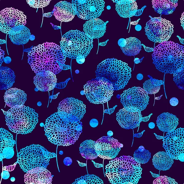 Aquarel naadloze bloem roze blauw doodle op Violette achtergrondpatroon. Hand getrokken elementen. Heldere kunst voor textiel, behang. Vintage textuur. Eindeloze afdrukken. — Stockfoto
