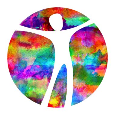 Suluboya Logo Modern insan psikolojisi işareti. Bir daire içinde insan. Yaratıcı tarzı. Simgesini. Tasarım konsepti. Marka şirket. Gökkuşağı rengi beyaz arka plan üzerinde izole. Web, baskı, logo simgesi