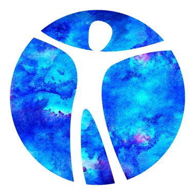 Suluboya Logo Modern insan psikolojisi işareti. Bir daire içinde insan. Yaratıcı tarzı. Simgesini. Tasarım konsepti. Marka şirket. Beyaz arka plan üzerinde izole mavi renk. Web, baskı, kart, logo sembol.