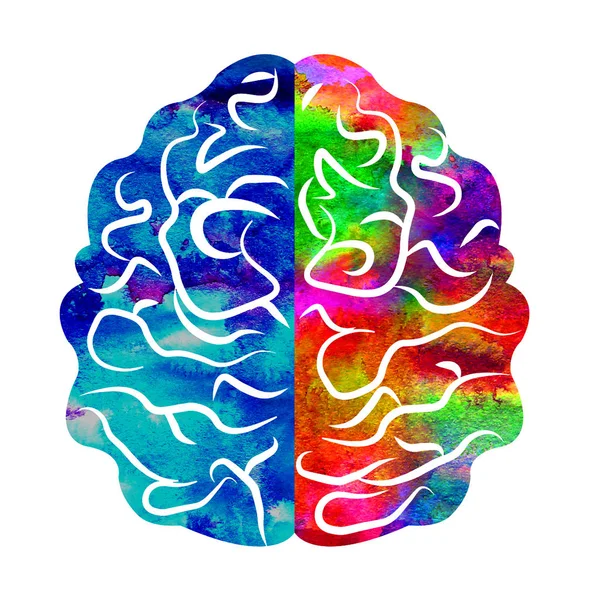 Watercolor Logo Modern Brain Tanda Psikologi. Manusia. Gaya kreatif. Ikon masuk Desain konsep. Perusahaan merek. Rainbow violet kiri warna kanan terisolasi pada latar belakang putih. Simbol untuk web, logotype — Stok Foto