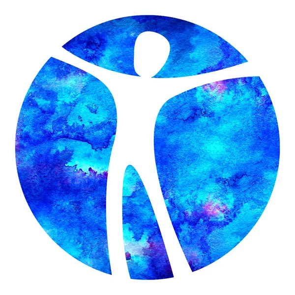 Suluboya Logo Modern insan psikolojisi işareti. Bir daire içinde insan. Yaratıcı tarzı. Simgesini. Tasarım konsepti. Marka şirket. Beyaz arka plan üzerinde izole mavi renk. Web, baskı, kart, logo sembol.