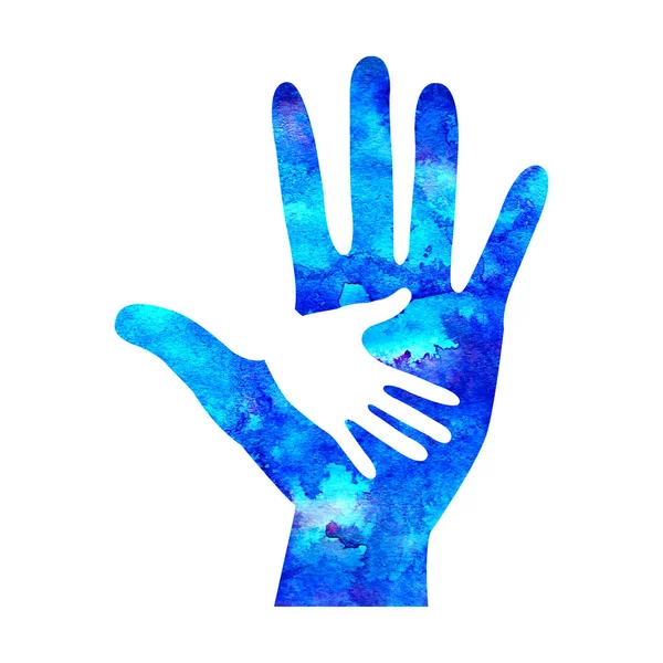 Watecolor Logo Illustration. Symbol der Nächstenliebe. Zeichen Hand isoliert auf weißem Hintergrund. Blaues Symbol Unternehmen, Web, Karte, Druck. modernes helles Element. Waisenkinder helfen Kindern. Logotyp für Familienkinder — Stockfoto