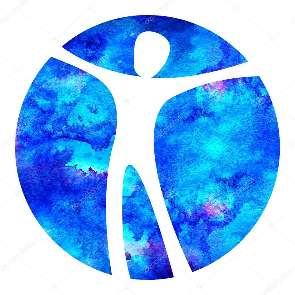 Watercolor Logo Modern man Sign of Psychology. Human in a circle. Creative style. Icon in . Design concept. Brand company. Blue color isolated on white background.Symbol for web, print, card, logotype