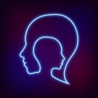 Psikoloji Modern Neon logosu baş işareti. Profil İnsan. Yaratıcı stil. Sembol içinde . Tasarım konsepti. Marka şirketi. Bulanıklık arka planında yalıtılmış mavi renk. Web, baskı, logo türü için simge