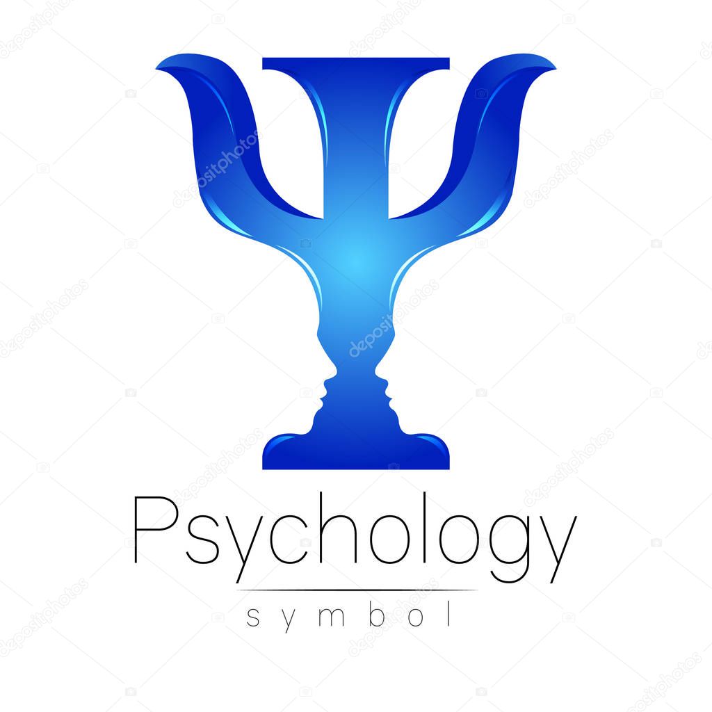 Modern logo of Psychology. Psi. Creative style. Logotype in vector. Design concept. Brand company. Blue color letter on white background. Symbol for web, print, card, flyer.