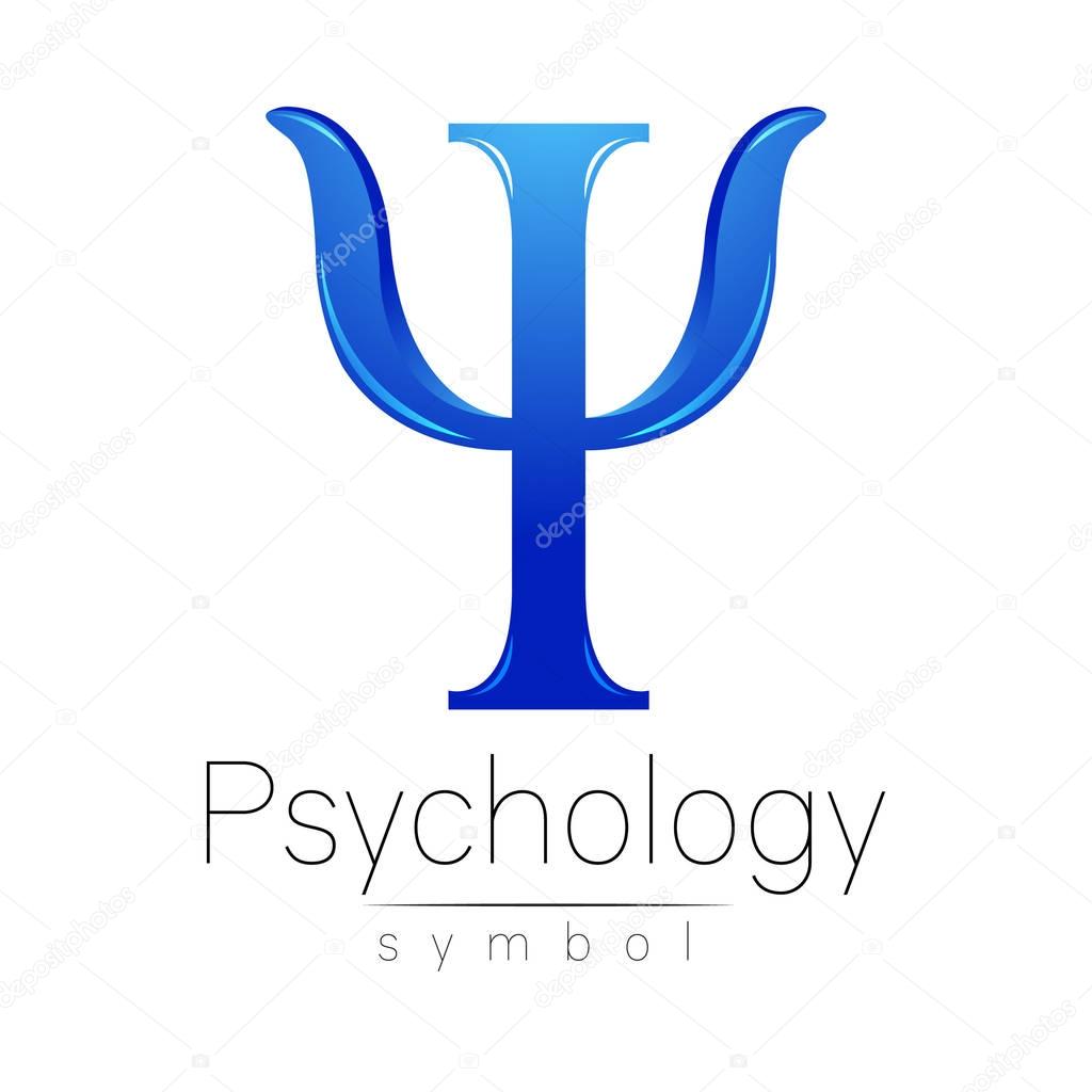 Modern logo of Psychology. Psi. Creative style. Logotype in vector. Design concept. Brand company. Blue color letter on white background. Symbol for web, print, card, flyer.