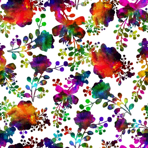 Aquarell nahtlose Blume rot grün Regenbogen Doodle auf weißem Hintergrund Muster. handgezeichnete Elemente. helle Kunst für Textilien, Tapeten. Vintage Textur. Endloser Druck. — Stockfoto