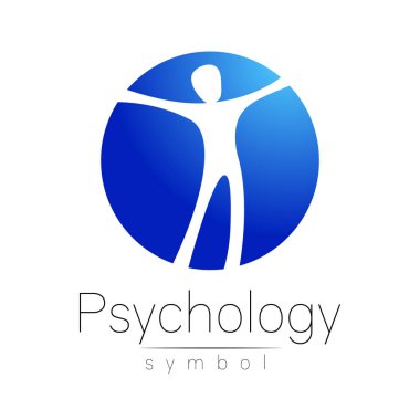 Modern insan psikolojisi Logo işareti. Bir daire içinde insan. Yaratıcı tarzı. Simge vektör. Tasarım konsepti. Marka şirket. Beyaz arka plan üzerinde izole mavi renk. Web, baskı, kart, logo sembol..