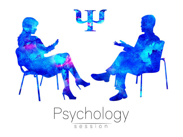 The psychologist and the client. Psychotherapy. Psychotherapeutic session. Psychological counseling. Man woman talking while sitting. Silhouette. Blue profile. Moderd symbol logo. Design concept.Sign