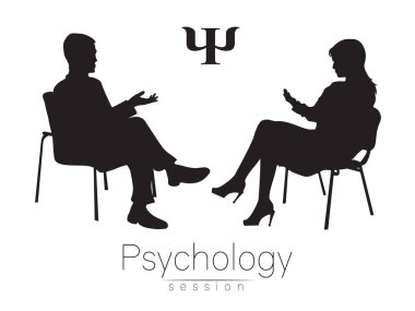 Psikolog ve istemci. Psikoterapi. Psikoterapötik oturum. Psikolojik danışmanlık. Adam kadın oturma sırasında söz. Siluet. Siyah profil. Moderd sembolü logosunu görmeniz gerekir. Tasarım konsepti. İşareti