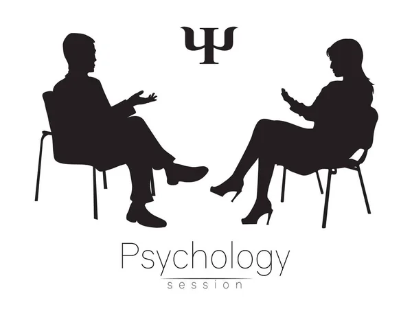 심리학자 그리고 클라이언트입니다. 심리 치료입니다. Psychotherapeutic 세션입니다. 심리 상담입니다. 남자 여자 앉아있는 동안 얘기입니다. 실루엣입니다. 블랙 프로필입니다. Moderd 심볼 로고입니다. 디자인 개념입니다. 로그인 — 스톡 벡터