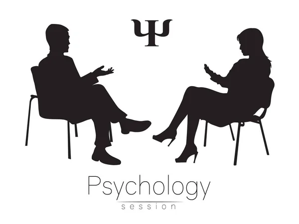 O psicólogo e o cliente. Psicoterapia. Sessão psicoterapêutica. Aconselhamento psicológico. Homem mulher falando enquanto sentado. Silhueta. Perfil negro. Logotipo de símbolo moderado. Concepção de design. —  Vetores de Stock