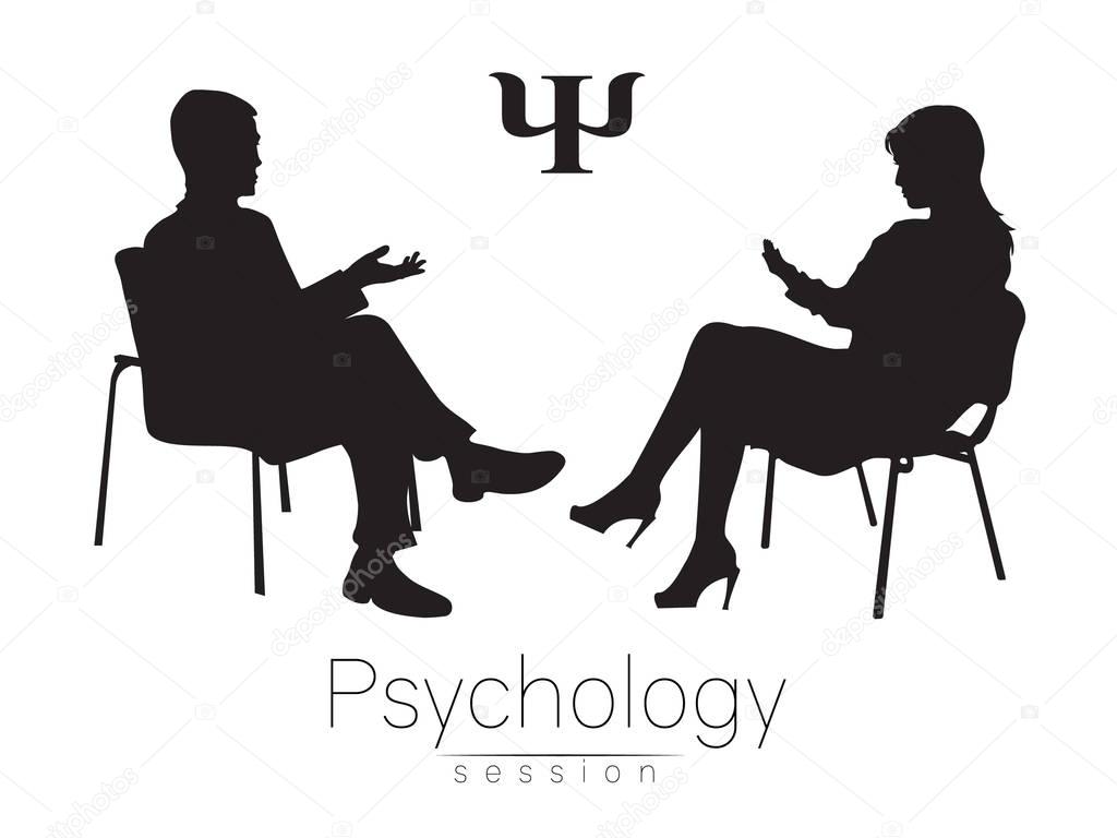 The psychologist and the client. Psychotherapy. Psychotherapeutic session. Psychological counseling. Man woman talking while sitting. Silhouette. Black profile. Moderd symbol logo. Design concept.Sign
