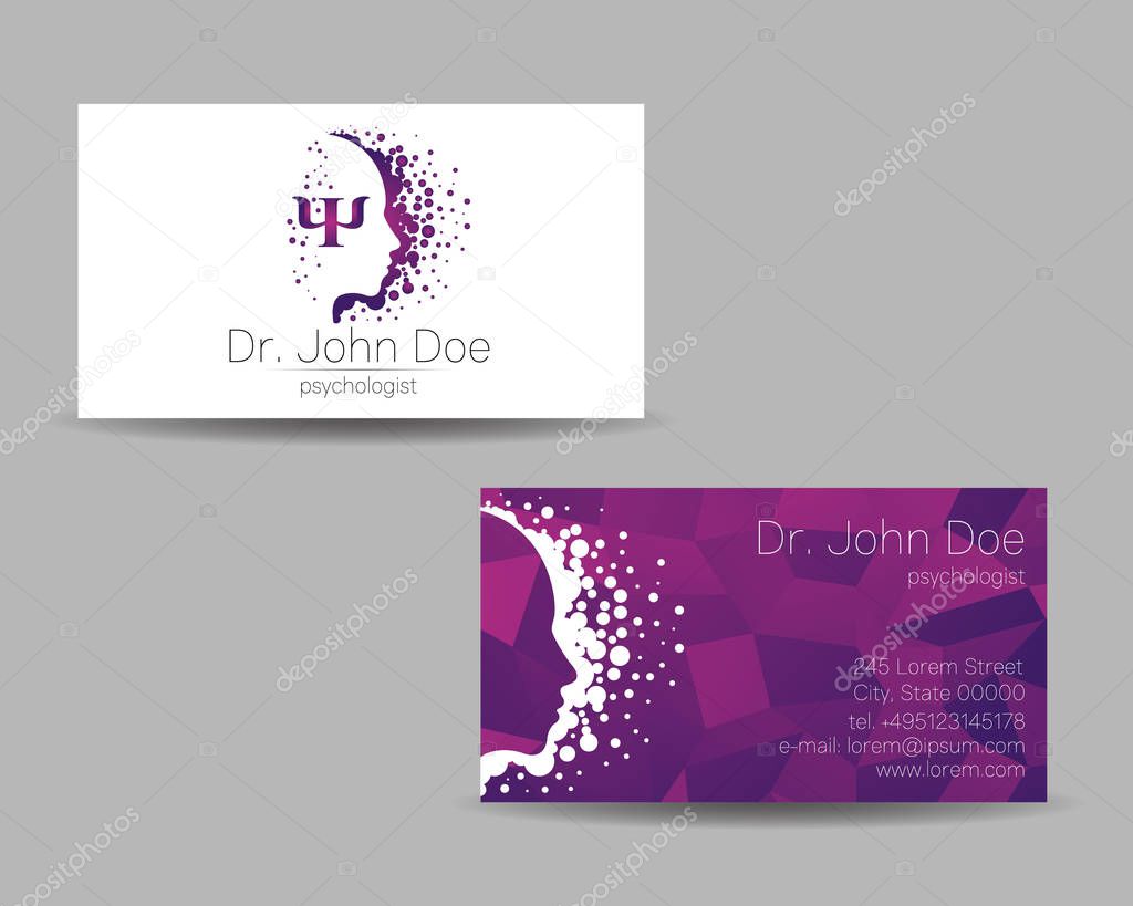 Psychology vector visit card. Modern Sign. Creative style. Design concept. Brand company. Violet color isolated on grey background. Symbol for web, print. visiting personal set