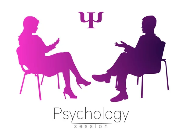 Psycholog a klient. Psychoterapie. Psycho terapeutické sezení. Psychologické poradenství. Muž žena mluví při sezení. Růžová fialová barva přechodu — Stockový vektor