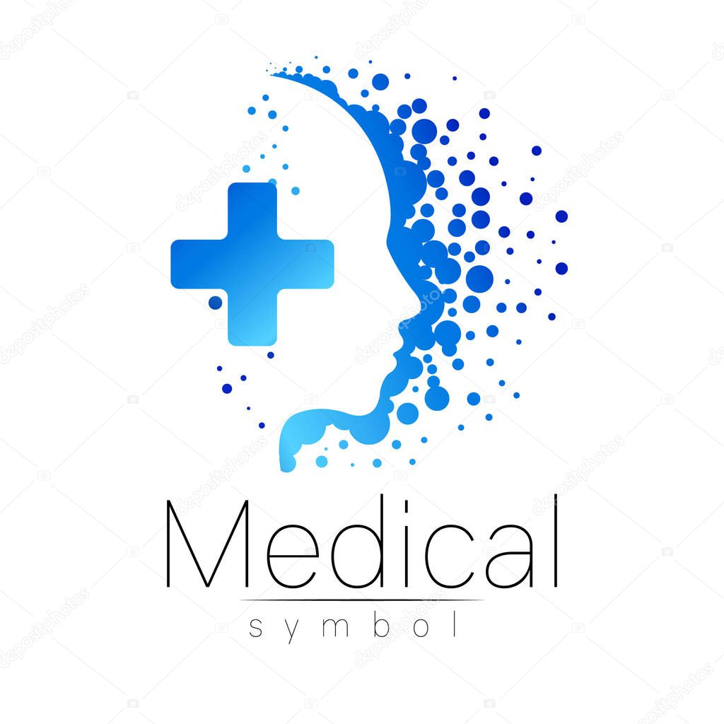Vector medical sign with cross inside, human profile. Symbol for doctors, website, visit card, icon. Blue color. Medicine modern concept design. Health and care.