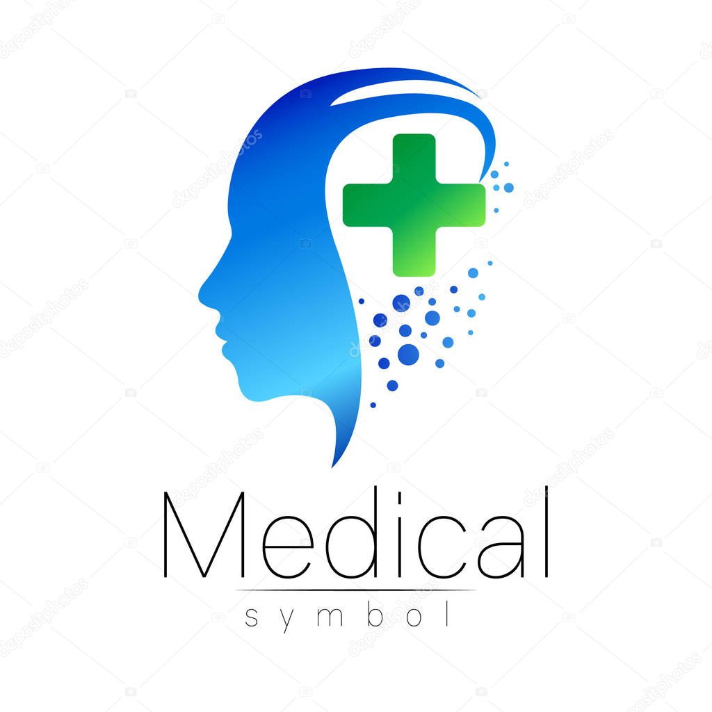 Vector medical sign with cross, human profile. Symbol for doctors, website, visit card, icon. Blue green color. Medicine modern concept design. Health and care.