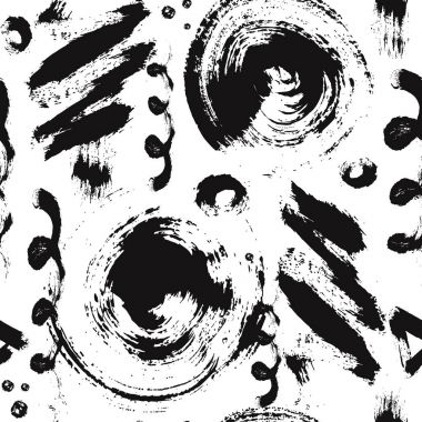 Vektör fırça noktalar, felç, daireler ve konturlar ile seamless modeli. Beyaz arka planda siyah renk. Grange doku el boyalı. Mürekkep geometrik öğeleri. Moda modern tarzı. Sonsuz kumaş baskı.