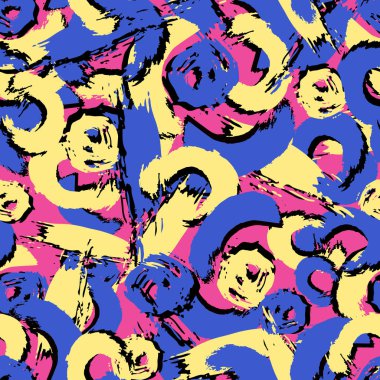 Vektör renkli Dikişsiz desen fırça darbeleriyle ve nokta. Pembe bir arka plan üzerinde sarı siyah mavi renk. Grange doku el boyalı. Mürekkep geometrik öğeleri. Moda modern tarzı. Olağandışı
