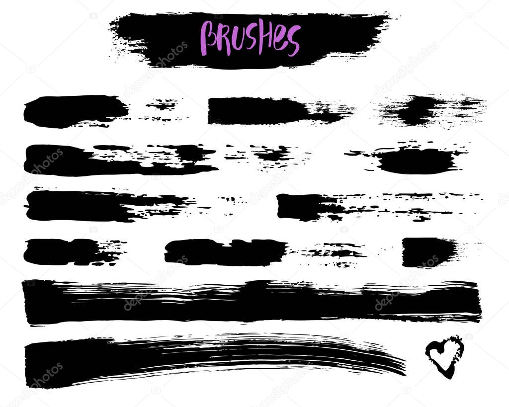 Vector Set of brush acrylic strokes. Black color on white background. Hand painted grange elements. Ink drawing. Dirty artistic design . Place for text, quote, information, company name.