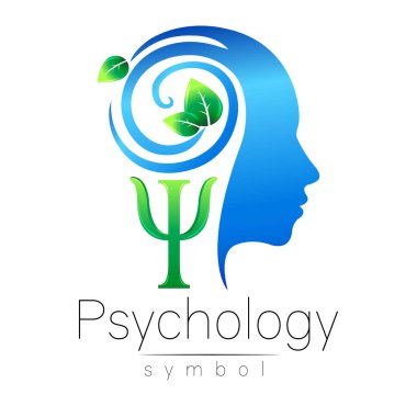 Modern baş Logo iz psikoloji. Profil insan. Yeşil yaprakları. Harf Psi. Vektör simge. Tasarım konsepti. Marka şirket. Beyaz arka plan üzerinde izole mavi renk. Simge web için logo.