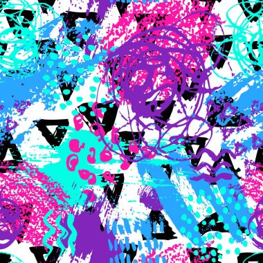 Vektör renkli Dikişsiz desen fırça darbeleriyle ve üçgenler ile. Pembe mavi siyah renk beyaz arka plan üzerinde. Grange doku el boyalı. Mürekkep geometrik öğeleri. Moda modern tarzı. Olağandışı parlak