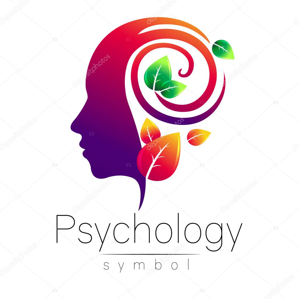Modern head Logo sign of Psychology. Profile Human. Green Leaves. Creative style. Symbol in vector. Design concept. Brand company. Violet color isolated on white background. Icon for web, logotype