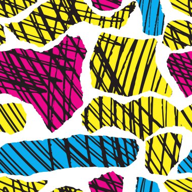 Vektör renkli Dikişsiz desen fırça lekesi ve konturlar ile. Pembe mavi sarı siyah renk beyaz arka plan üzerinde. Grange doku el boyalı. Mürekkep geometrik öğeleri. Moda modern tarzı. parlak