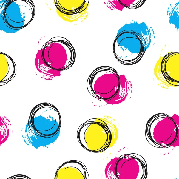 Vector färgglada sömlösa mönster med borste blotting och cirkel. Rosa blå gul svart färg på vit bakgrund. Handmålade grange textur. Bläck geometriska element. Modern stil. ljusa — Stock vektor