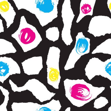 Vektör renkli Dikişsiz desen fırça lekesi ve konturlar. Pembe mavi sarı siyah renk beyaz arka plan üzerinde. Grange doku el boyalı. Mürekkep geometrik öğeleri. Moda modern tarzı. parlak fantezi