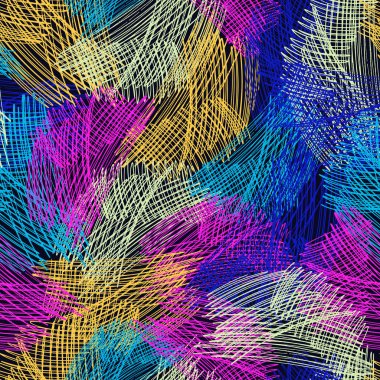 Vektör Dikişsiz desen fırça çıkardı. siyah zemin üzerine sarı mavi pembe renk. Grange doku el boyalı. Mürekkep geometrik öğeleri. Moda modern tarzı. Sonsuz fantezi ekose kumaş baskı.