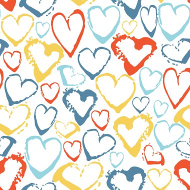 Vektör renkli Dikişsiz desen fırça darbeleri yürekleri. Yaz fantezi. Gökkuşağı rengi beyaz arka plan üzerinde. Grange doku el boyalı. Mürekkep aşk öğeleri. Moda modern tarzı. Olağandışı