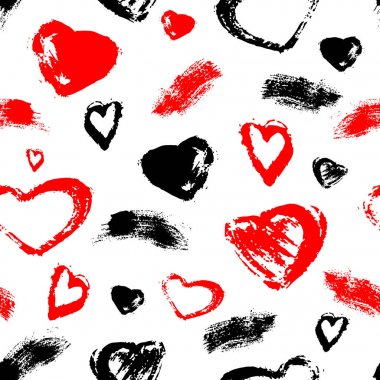 Vektör Dikişsiz desen fırça çizgileri ve vuruş. Beyaz arka planda siyah kırmızı renk. Grange doku el boyalı. Mürekkep geometrik ve kalp öğeleri. Moda modern tarzı. Sonsuz kumaş baskı.