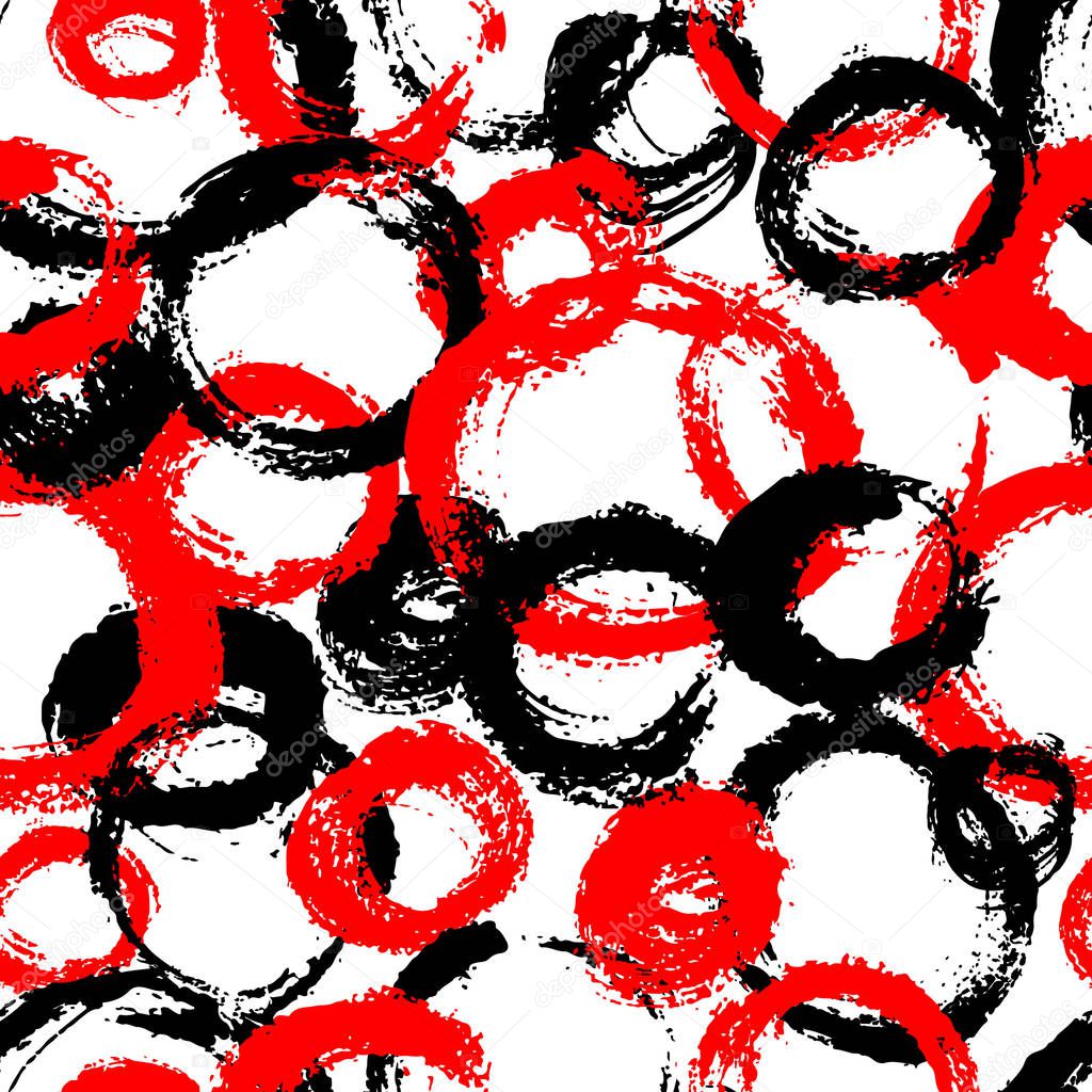 Vector seamless pattern with brush stripes and circle. Black red color on white background. Hand painted grange texture. Ink geometric elements. Fashion modern style. Endless fabric print.