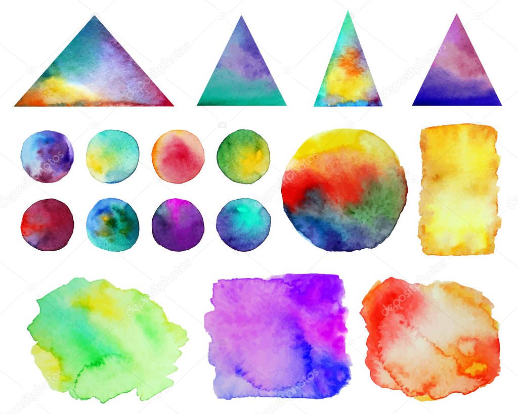 Vector illustration. . Colorful watercolor splashes isolated on white background. Rainbow blots. Hand drawn geometric elements. Bright and teen. Brush paint. Set of 17 spots.