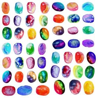 resimde. . Renkli suluboya su sıçramalarına izole üzerinde beyaz arka plan. Gökkuşağı engelliyor. Elle çizilmiş oval öğeleri. Parlak ve genç. Fırça boya. 45 noktalar kümesi.