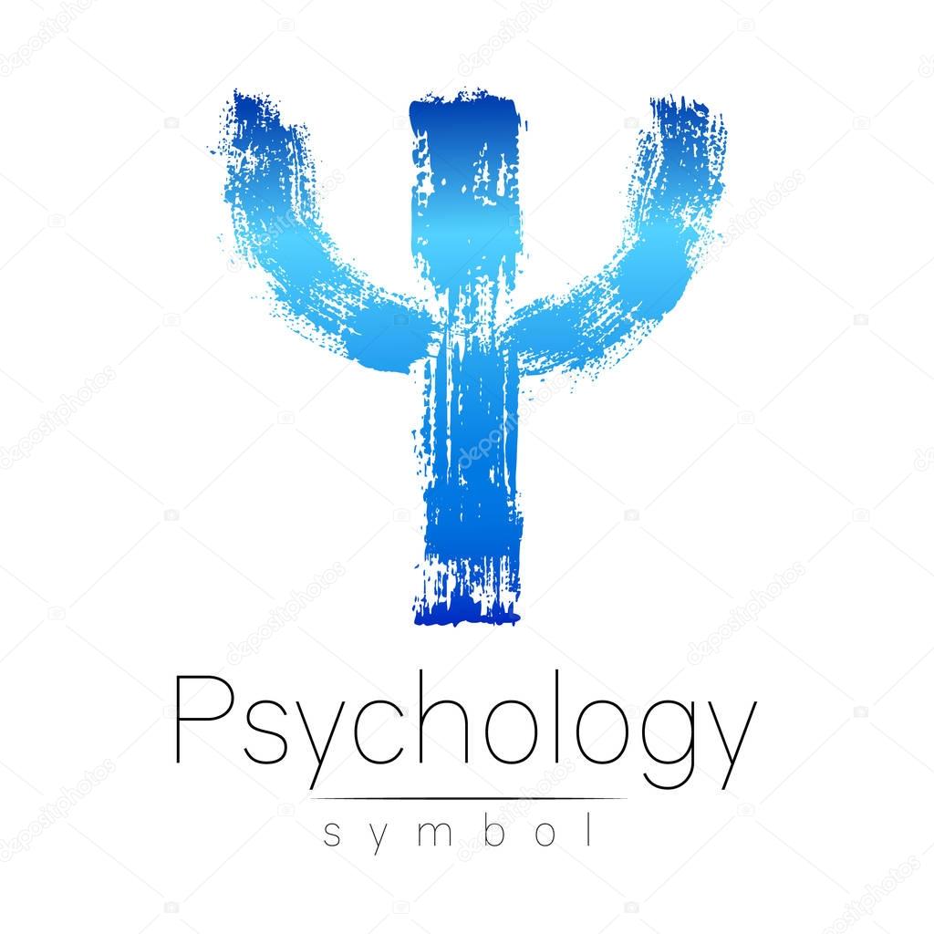 Modern logo of Psychology. Psi. Creative style. Logotype in vector. Design concept. Brand company. Blue color letter on white background. Symbol for web, print, card, flyer. Brush stroke