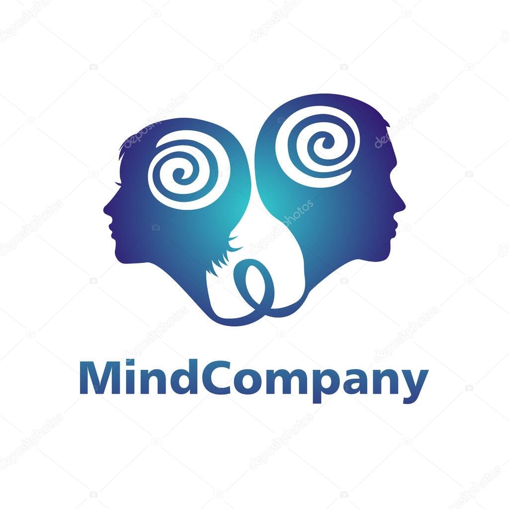 Modern head logo of Psychology. Profile Human. Man and woman. Logotype in vector. Design concept. Brand company. Blue color isolated on white background. Symbol for web, print, card, flyer. Hypnosis