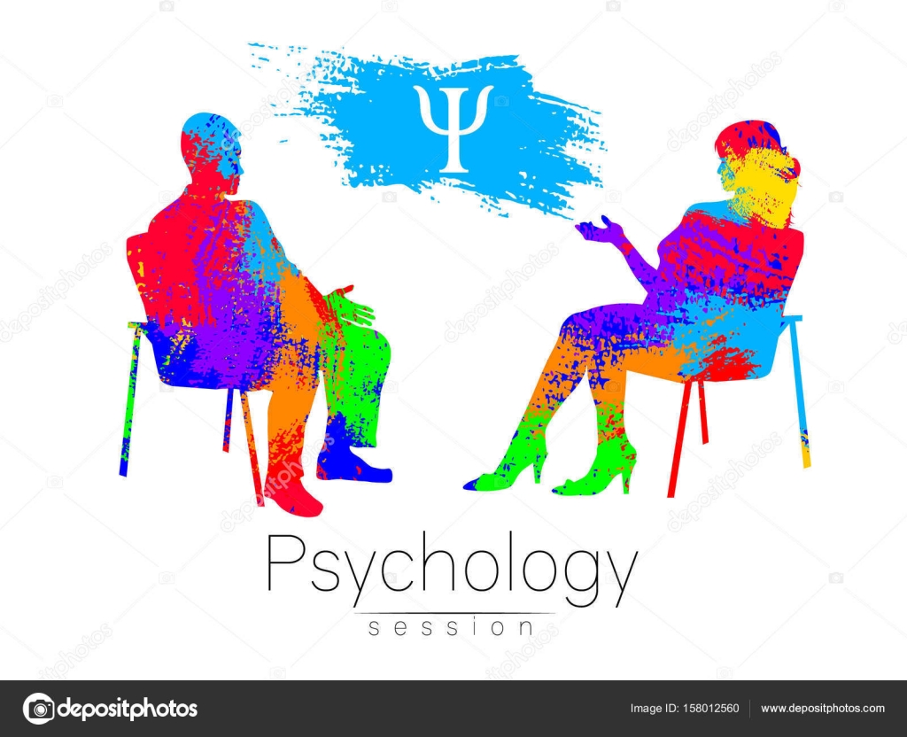 Психолог и клиент. Психотерапия Психотерапевтический сеанс. Психологическое консультирование. Мужчина говорит, сидя. Силуэт. Профиль кисти радуги. Концепция дизайна - современная — стоковый вектор